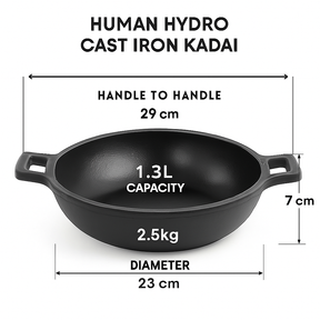 Cast Iron Kadai with Wooden Flip Spatula, 23CM, 1.3L, Naturally Nonstick, Non-Toxic, Flat Bottom, Induction & Gas Compatible