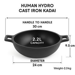 Pre-Seasoned Cast Iron Kadai with Wooden Spatula – 24CM, Naturally Nonstick, Induction & Gas Compatible