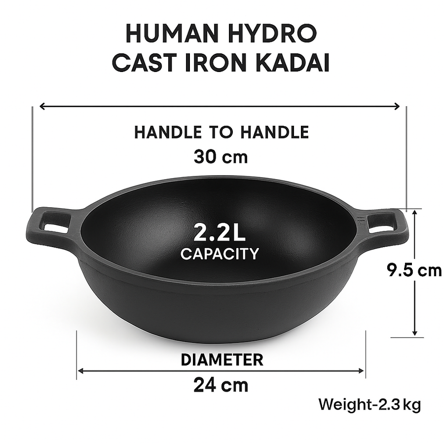 Cast Iron Kadai, 24CM, Naturally Nonstick, Non-Toxic, Flat Bottom, Gas & Induction Compatible, Perfect for Frying & Slow Cooking