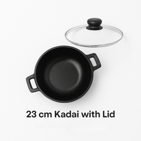 23 cm cast iron kadai with glass lid