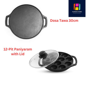cast iron 12 pit paniyaram pan with lid and dosa tawa combo