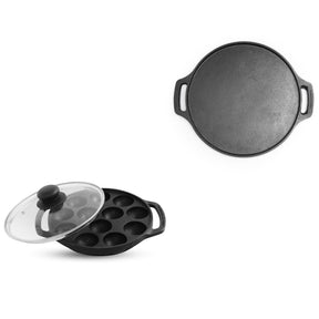 cast iron 12 pit paniyaram pan with lid and dosa tawa front