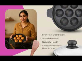 Pre-Seasoned Cast Iron 7-Pit Paniyaram Pan with Glass Lid & Wooden Spatula – Naturally Nonstick, Induction & Gas Compatible