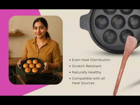 Pre-Seasoned Cast Iron 7-Pit Paniyaram Pan with Wooden Spatula, Naturally Nonstick, Gas & Induction Compatible