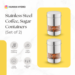 Stainless Steel Storage Containers (Set of 2) 750ml Each, Transparent Window, Airtight Lids, Glossy Finish, Ideal for Spices, Grains, Snacks & Kitchen Storage