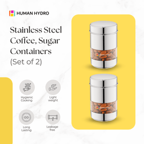 Set of 2 stainless steel coffee and sugar containers with transparent windows, hygienic and lightweight design.