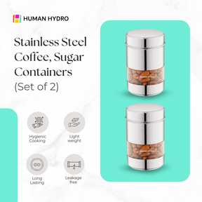 Stainless steel coffee and sugar containers set of 2 by Human Hydro, featuring transparent windows and lightweight design.
