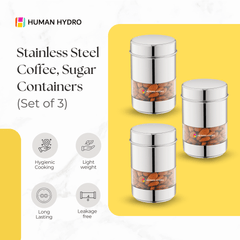 Stainless Steel Storage Containers (Set of 3) 750ml Each, Transparent Window, Airtight Lids, Glossy Finish, Perfect for Spices, Grains, Snacks & Kitchen Storage