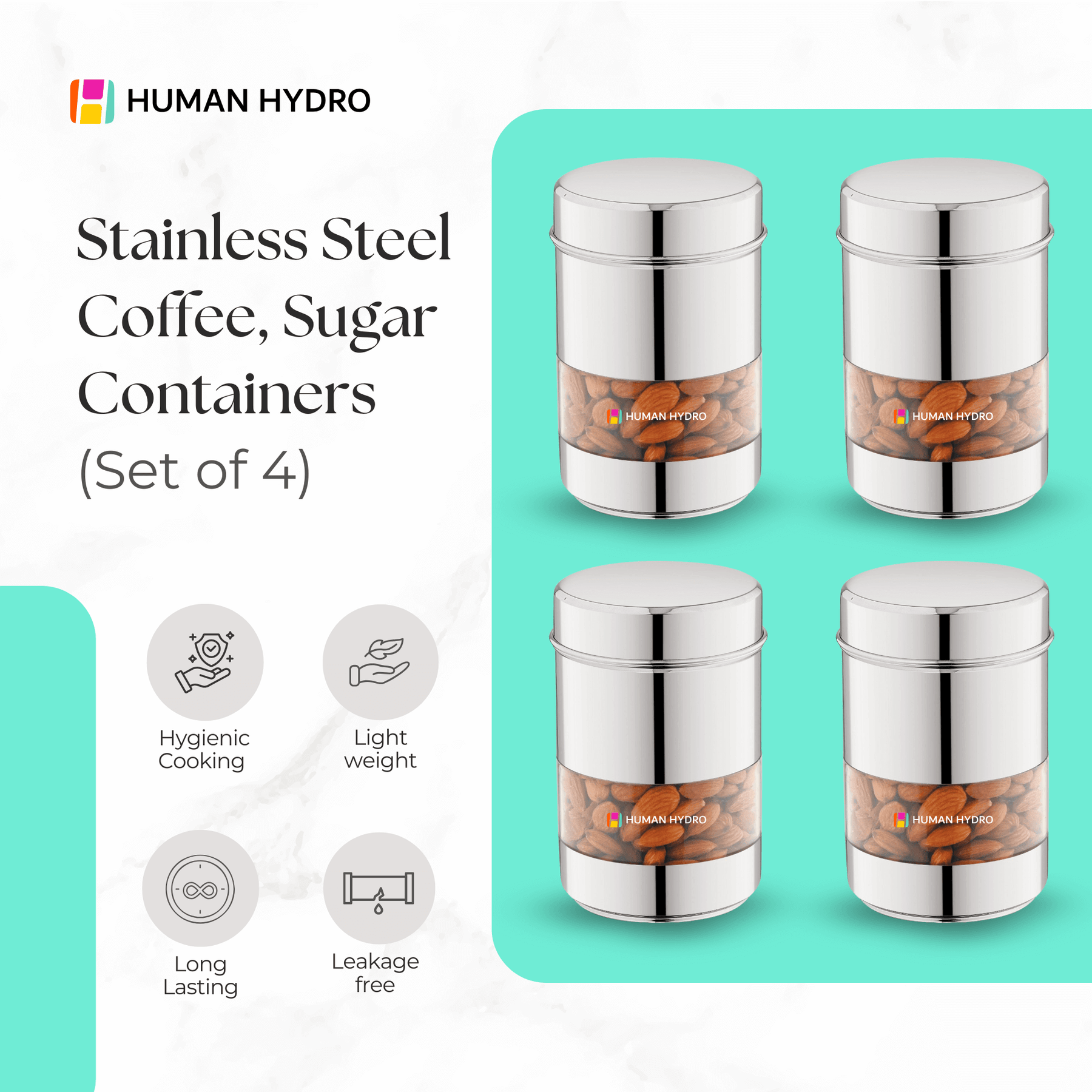 Set of 4 stainless steel coffee and sugar containers by Human Hydro, featuring a sleek design and hygienic cooking.