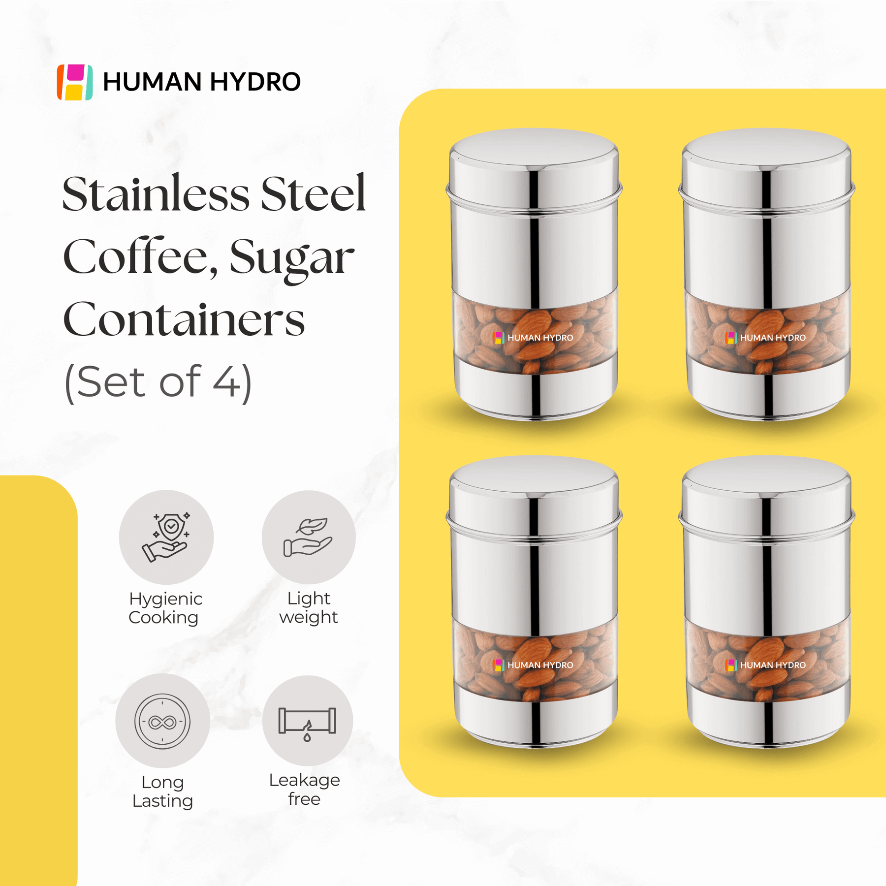 Set of 4 stainless steel coffee and sugar containers with transparent windows, designed for hygienic and lightweight storage.