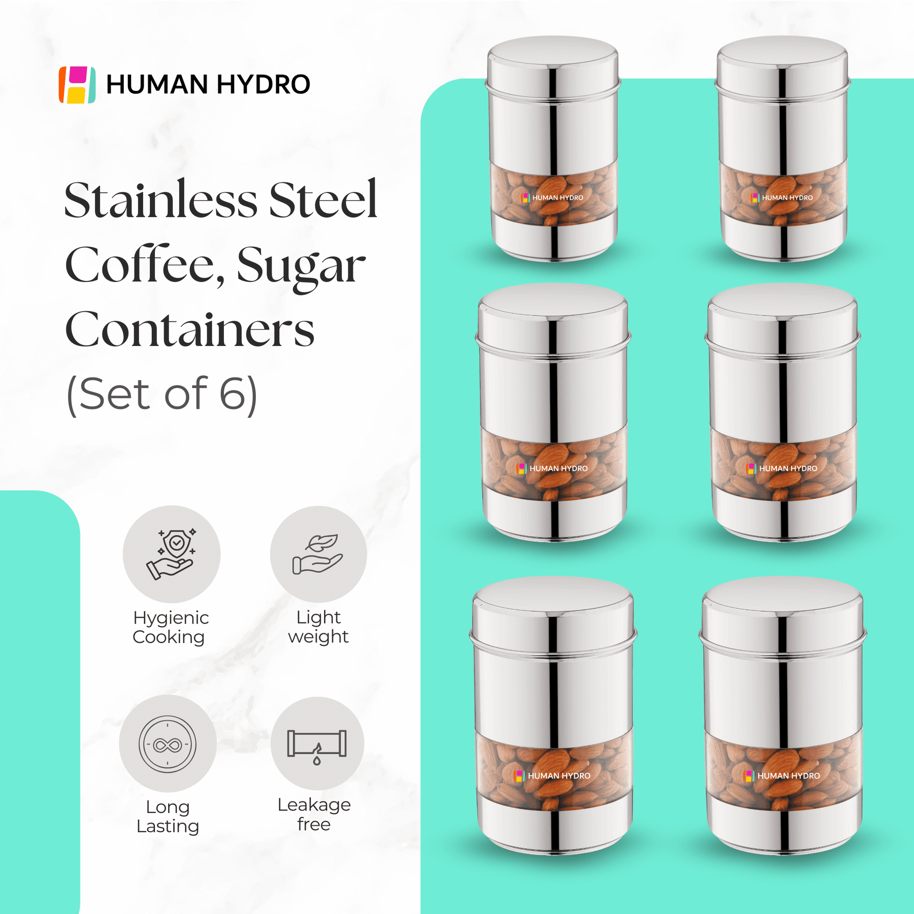 Set of 6 stainless steel coffee and sugar containers with transparent windows, featuring airtight lids for kitchen organization.