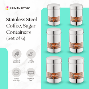 Set of 6 stainless steel coffee and sugar containers with transparent windows, featuring airtight lids for kitchen organization.