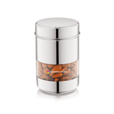 750ml stainless steel storage container with transparent window and airtight lid, ideal for storing snacks like almonds.