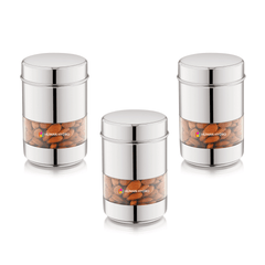 Stainless Steel Storage Containers (Set of 3) 750ml Each, Transparent Window, Airtight Lids, Glossy Finish, Perfect for Spices, Grains, Snacks & Kitchen Storage