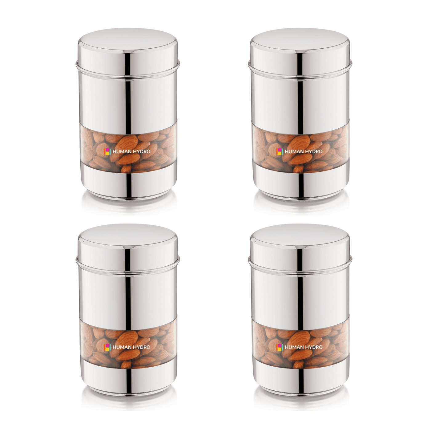 Stainless Steel Storage Containers (Set of 4) 500ml Each, Transparent Window, Airtight Lids, Glossy Finish, Perfect for Spices, Grains, Snacks & Kitchen Storage