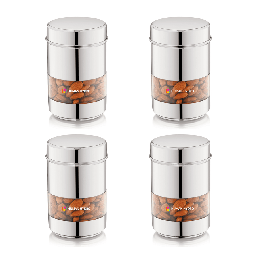 Stainless Steel Storage Containers (Set of 4) 500ml Each, Transparent Window, Airtight Lids, Glossy Finish, Perfect for Spices, Grains, Snacks & Kitchen Storage