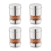 Set of 4 Human Hydro stainless steel containers with transparent windows, ideal for storing almonds and other snacks.