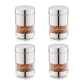 Set of 4 Human Hydro stainless steel containers with transparent windows, ideal for storing almonds and other snacks.