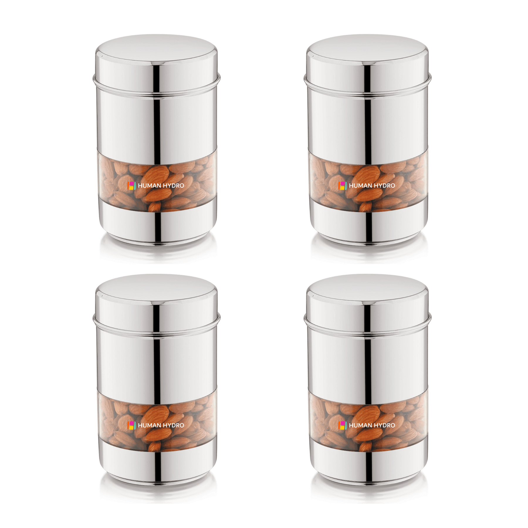 Set of 4 stainless steel storage containers with transparent windows and airtight lids, ideal for kitchen organization.