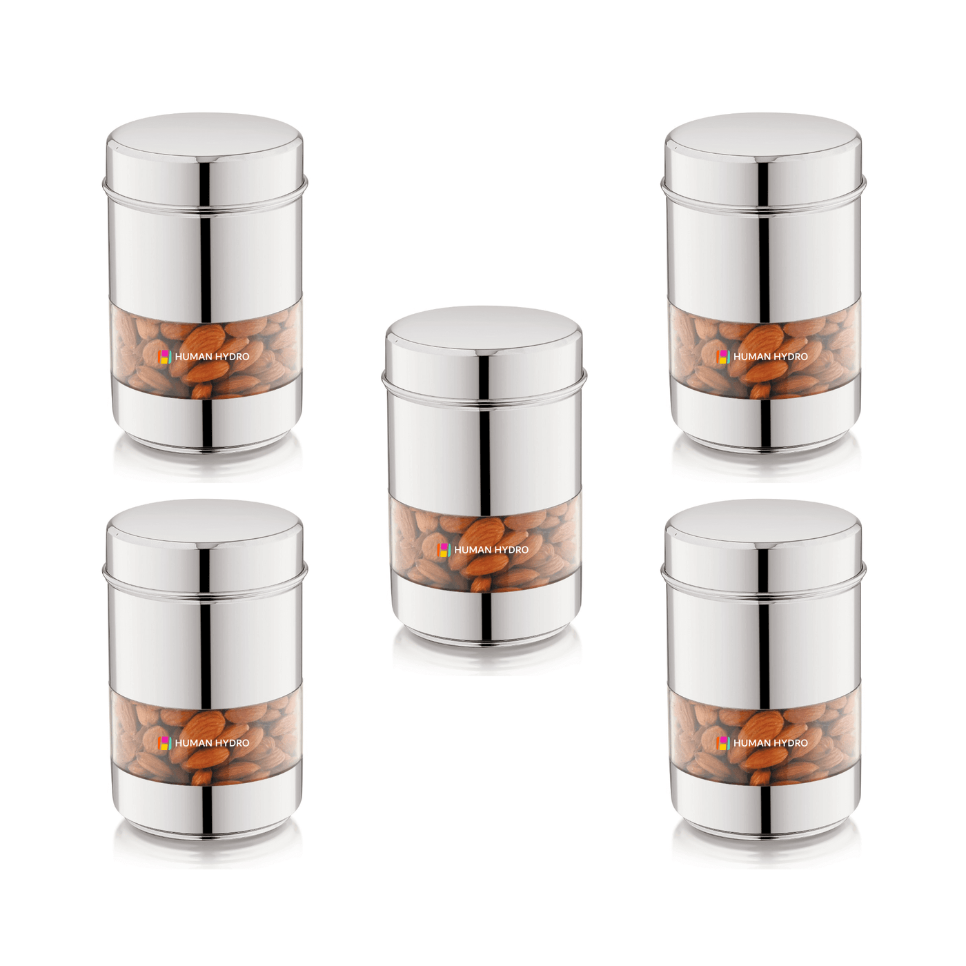 Stainless Steel Storage Containers (Set of 5) 500ml Each, Transparent Window, Airtight Lids, Glossy Finish, Ideal for Spices, Grains, Snacks & Pantry Storage