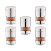 Set of 5 stainless steel storage containers with transparent windows, ideal for spices, grains, and pantry storage.