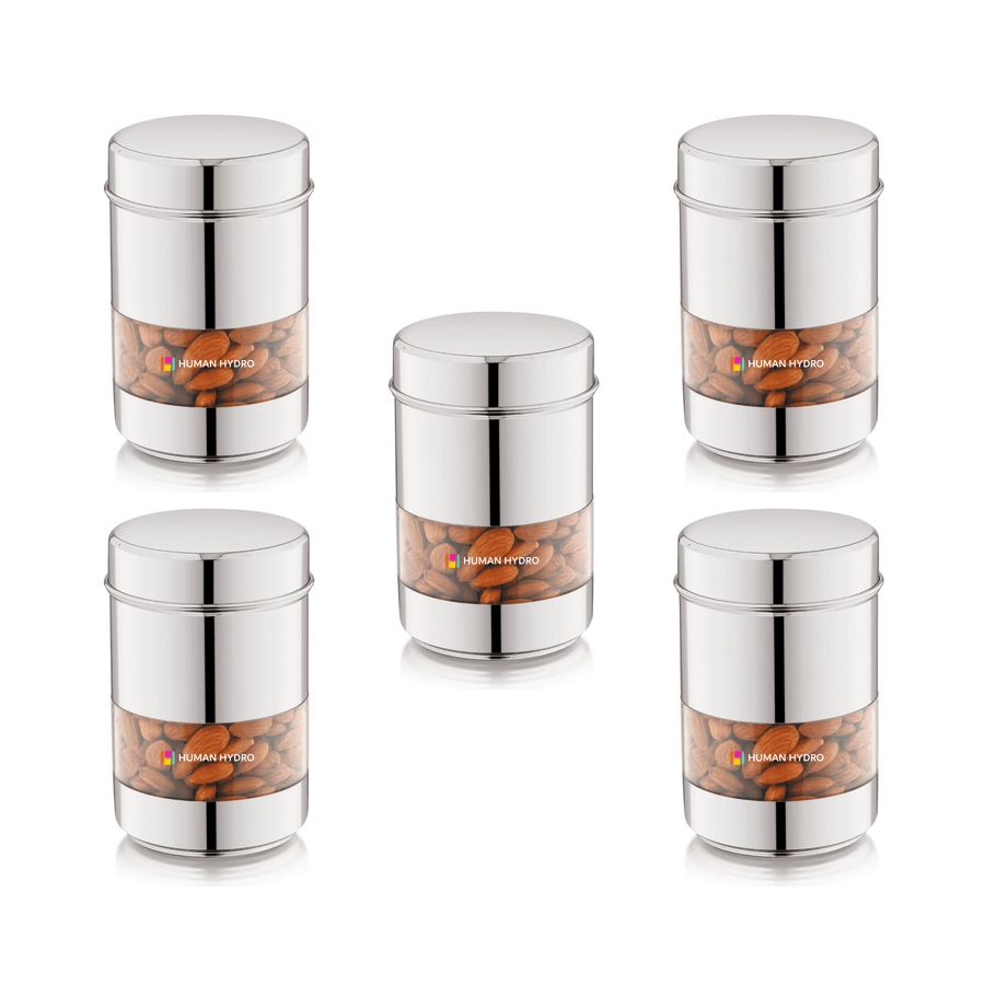 Stainless Steel Storage Containers (Set of 5) 750ml Each, Transparent Window, Airtight Lids, Glossy Finish, Ideal for Organized Kitchen Storage