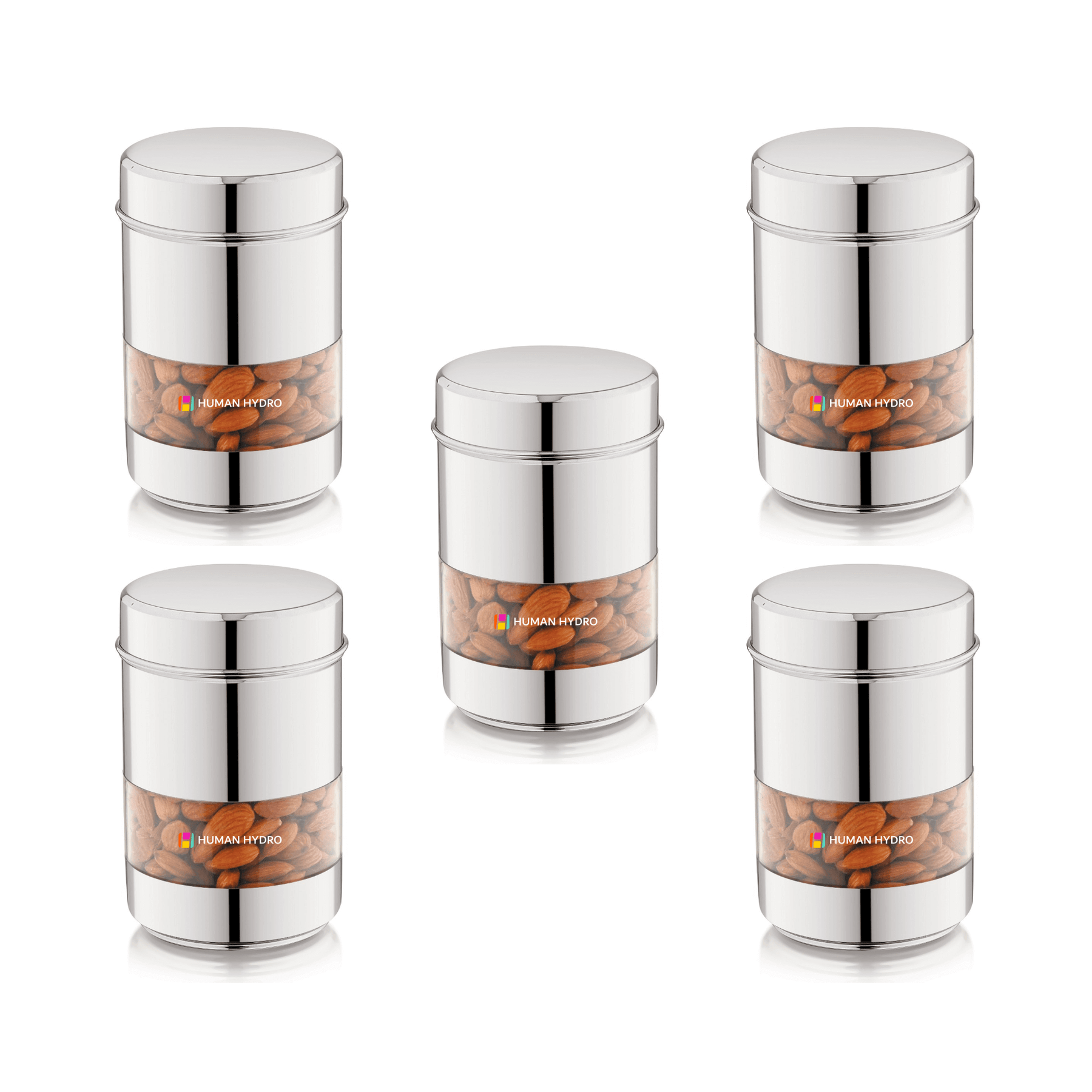 Set of 5 stainless steel storage containers with transparent windows, perfect for organizing kitchen pantry items.