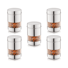 Set of 5 stainless steel storage containers with transparent windows, perfect for organizing kitchen pantry items.