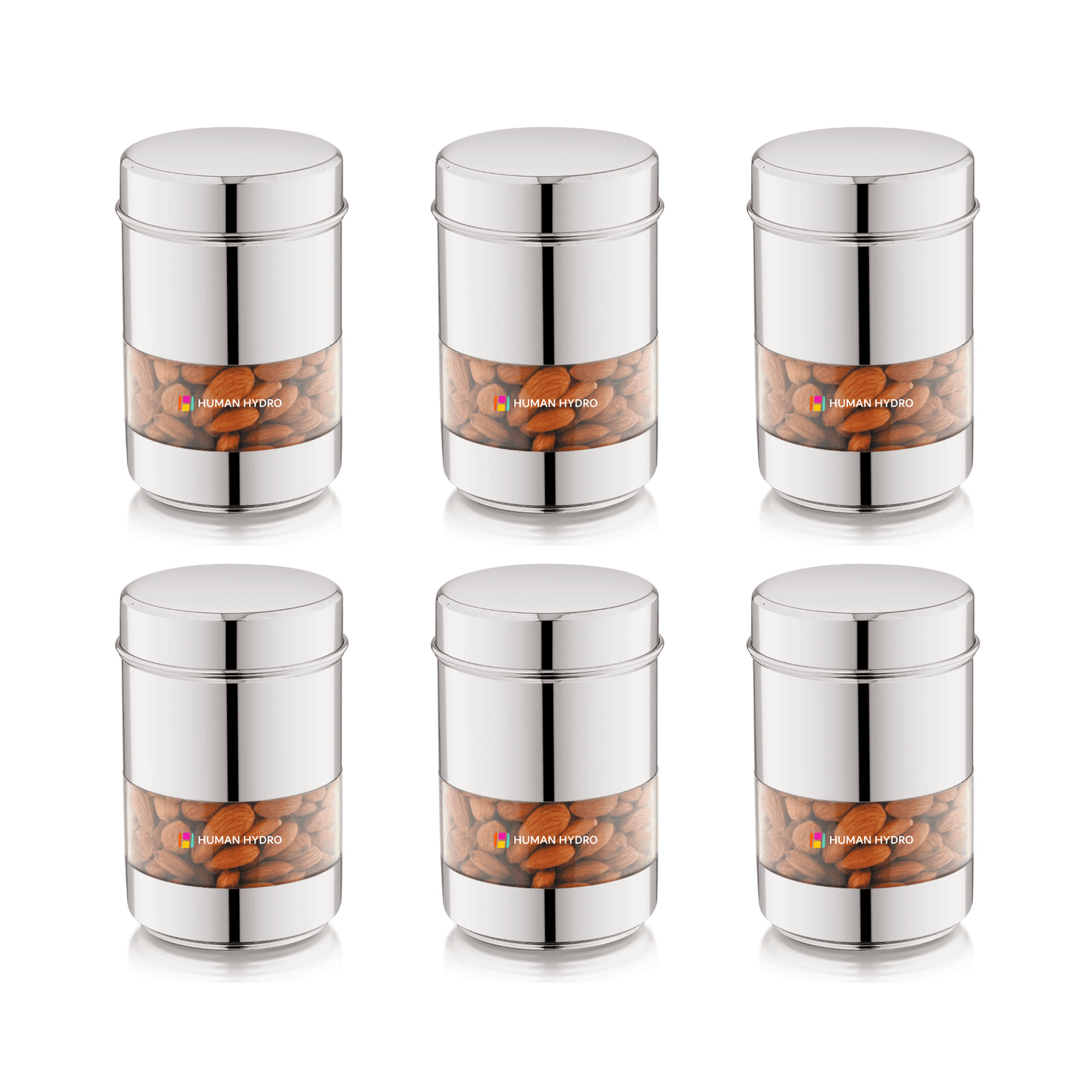 Stainless Steel Storage Containers (Set of 6) 500ml Each, Transparent Window, Airtight Lids, Glossy Finish, Multi-Purpose Jars for Spices, Grains, Snacks