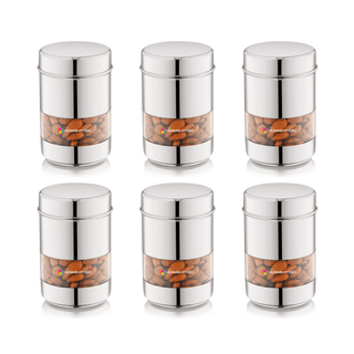Stainless Steel Storage Containers (Set of 6) 500ml Each, Transparent Window, Airtight Lids, Glossy Finish, Multi-Purpose Jars for Spices, Grains, Snacks