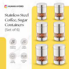 Stainless Steel Storage Containers (Set of 6) 750ml Each, Transparent Window, Airtight Lids, Glossy Finish, Perfect for Spices, Grains, Snacks, Pantry Organization