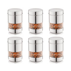 Stainless Steel Storage Containers (Set of 6) 750ml Each, Transparent Window, Airtight Lids, Glossy Finish, Perfect for Spices, Grains, Snacks, Pantry Organization