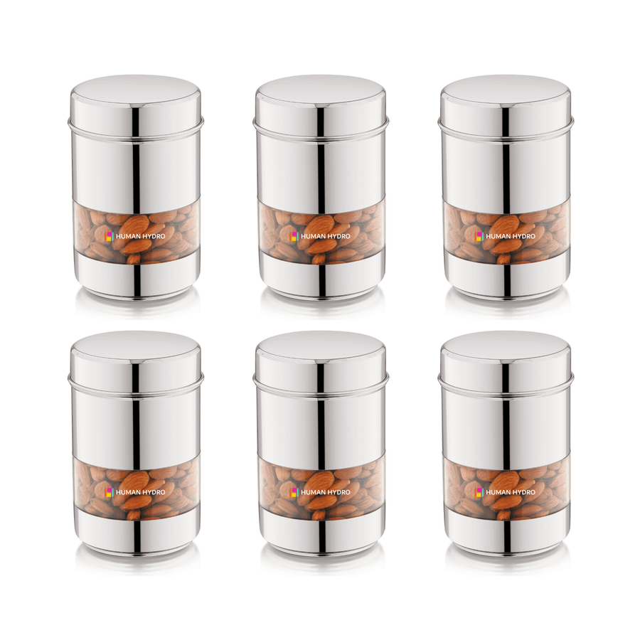 Stainless Steel Storage Containers (Set of 6) 750ml Each, Transparent Window, Airtight Lids, Glossy Finish, Perfect for Spices, Grains, Snacks, Pantry Organization