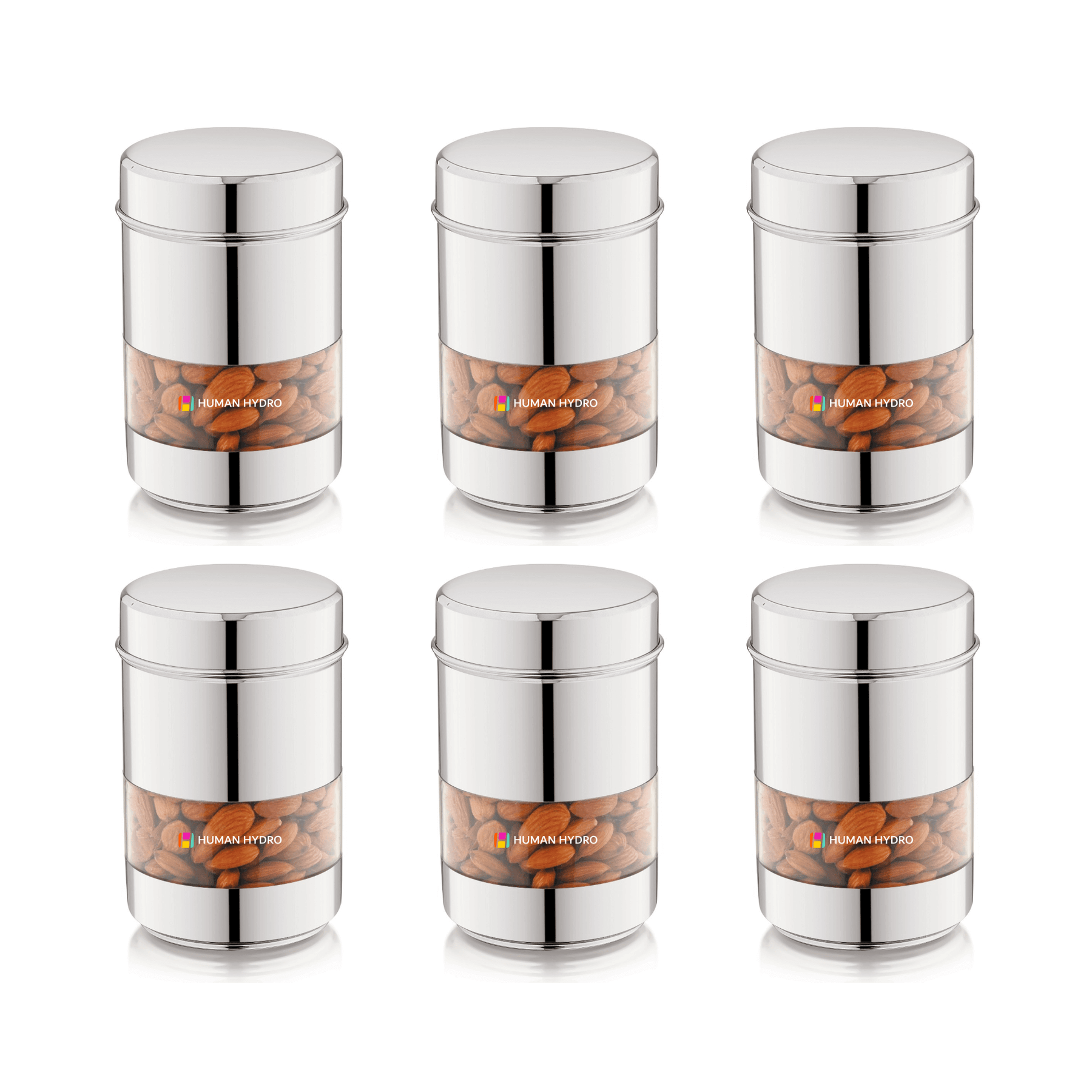 Set of 6 stainless steel storage containers with transparent windows, perfect for organizing spices and snacks.