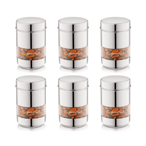Set of 6 stainless steel storage containers with transparent windows, perfect for organizing spices and snacks.