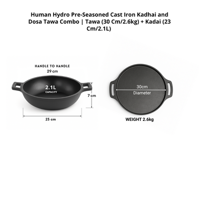 Cast Iron Kadai (23CM) & Double Handle Dosa Tawa (30CM) Combo, Naturally Nonstick, Induction & Gas Compatible