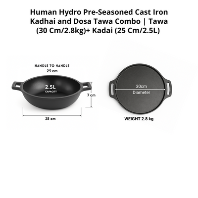Cast Iron Cookware Combo, Tawa (30CM) & Kadai (25CM), Naturally Nonstick, Induction & Gas Compatible, Perfect for Dosa, Roti, Curries & Frying
