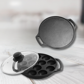 Cast Iron Cookware Set - 30CM Dosa Tawa and 12-Pit Paniyaram Pan with Glass Lid, Pre-Seasoned, Naturally Nonstick, Gas & Induction Compatible