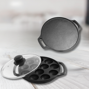 Cast Iron Cookware Set - 30CM Dosa Tawa and 12-Pit Paniyaram Pan with Glass Lid, Pre-Seasoned, Naturally Nonstick, Gas & Induction Compatible