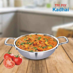 Tri-Ply Stainless Steel Kadai, 24CM (2.8L), Induction & Gas Compatible, Durable Cookware for Deep Frying, Stir-Frying & Curries