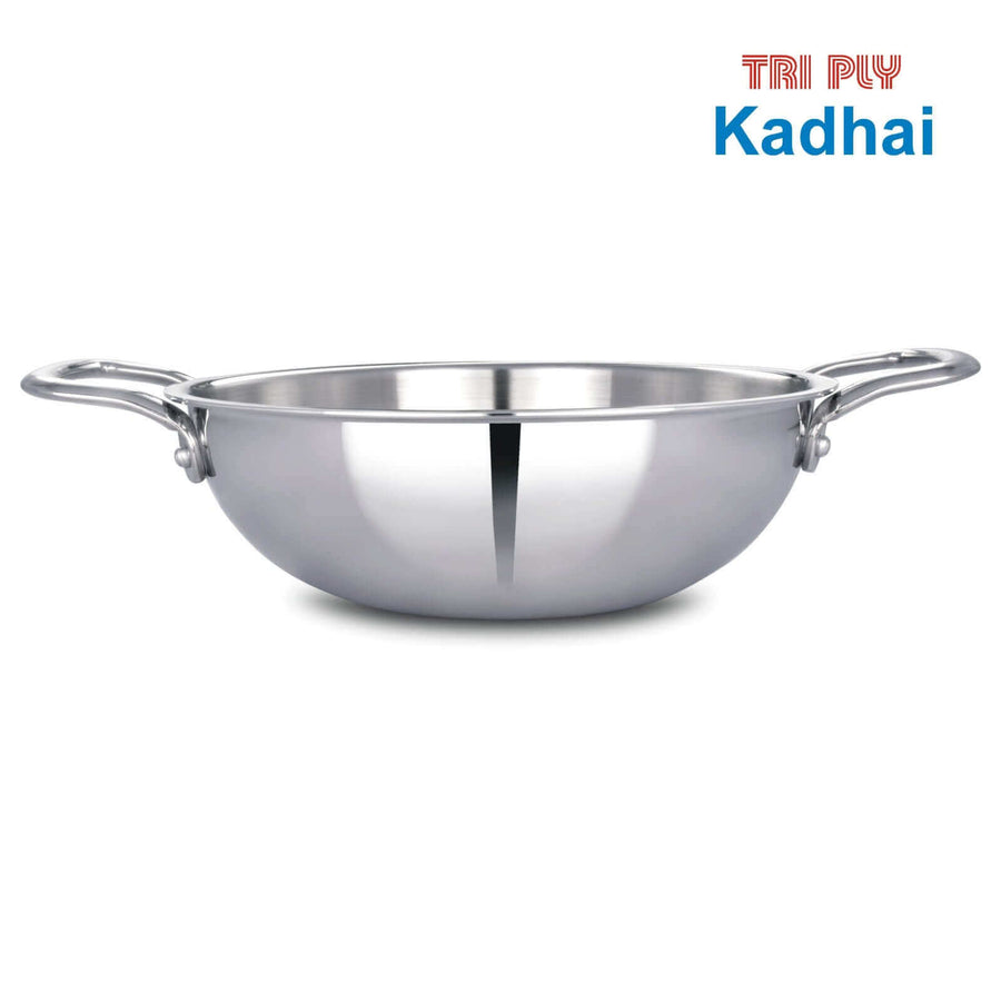 Tri-Ply Stainless Steel Kadai (22CM, 2.2L), 3-Layer Steel-Aluminum-Steel, Induction & Gas Compatible, Heavy-Duty for Deep Frying, Stir-Frying & Curries