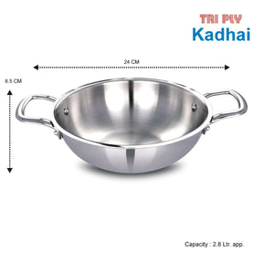 Tri-Ply Stainless Steel Kadai, 24CM, 2.8L, deep frying cookware with handles, induction and gas compatible.
