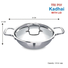 Tri-Ply Stainless Steel Kadai with SS Lid, 24CM (2.8L), Induction & Gas Compatible, Durable Cookware for Deep Frying, Stir-Frying & Curries