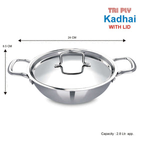 Tri-Ply stainless steel kadai with lid, 24CM, 2.8L capacity, ideal for deep frying and stir-frying.