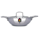 Tri-Ply Stainless Steel Kadai with Lid, 22CM, ideal for deep frying, stir-frying, and curries.