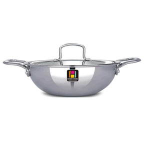 Tri-Ply Stainless Steel Kadai with Lid, 22CM, ideal for deep frying, stir-frying, and curries.