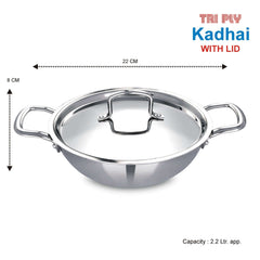 Tri-Ply Stainless Steel Kadai with Lid, 22CM (2.2L), Induction & Gas Compatible, Durable Cookware for Deep Frying, Stir-Frying & Curries