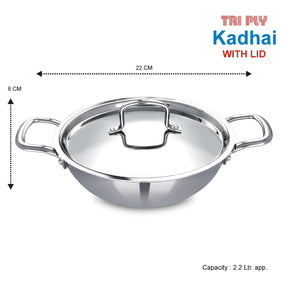 Tri-Ply Stainless Steel Kadai with Lid, 22CM, 2.2L capacity, perfect for deep frying and curries.