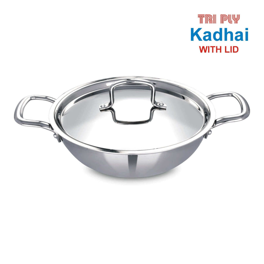 Tri-Ply Stainless Steel Kadai with Lid, 22CM (2.2L), Induction & Gas Compatible, Durable Cookware for Deep Frying, Stir-Frying & Curries
