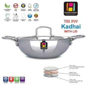 Tri-Ply Stainless Steel Kadai with lid, 22CM, ideal for deep frying and stir-frying, compatible with induction and gas.